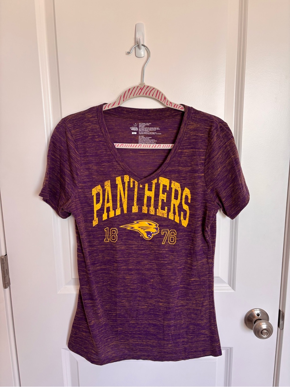 Creative Apparel Panthers Purple Yellow Short Sleeve V-Neck Tee